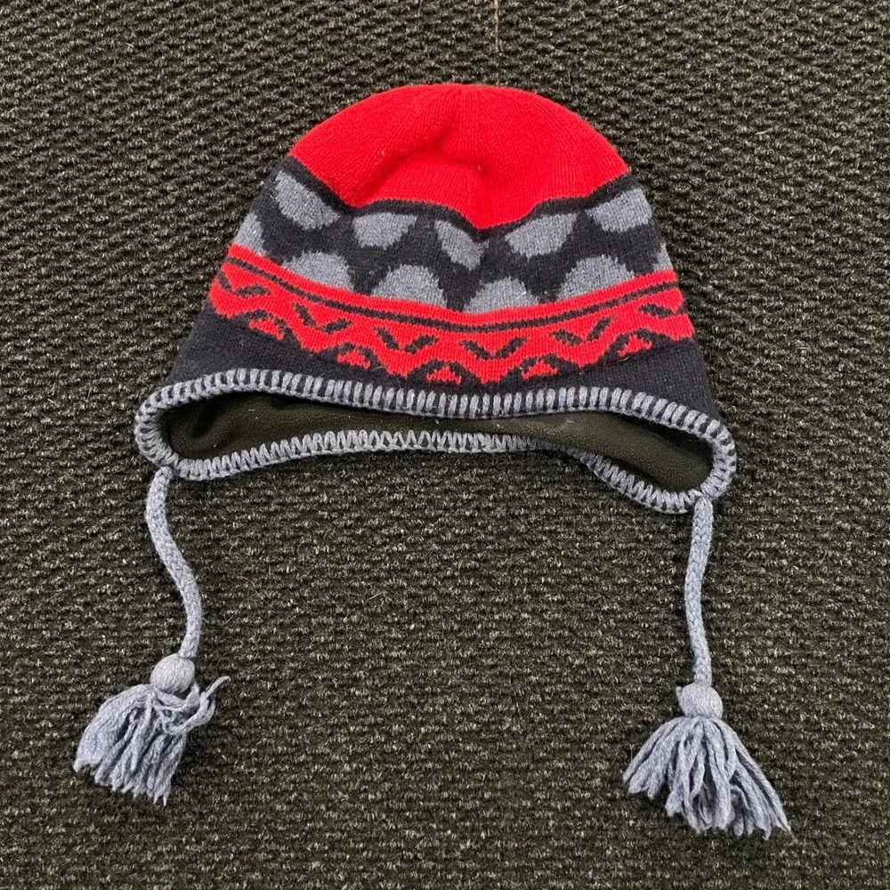 Patagonia Kids Winter Hat Earmuffs‎ Tassels Fair Isle Pattern Red Blue